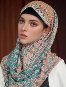 手工刺绣桑蚕丝穆斯林头巾，阿拉伯风格头巾，带隐藏式下巴带，伊斯兰头巾披肩，马来西亚围巾，中东头巾 - 彩色 - 查看 8
