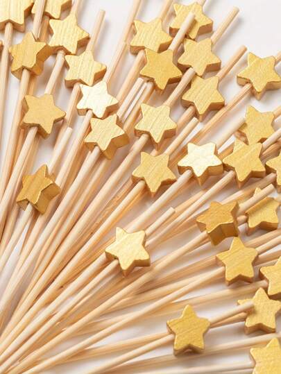 100 piezas Decoraciones para brochetas con estrellas doradas brillantes - Palitos de madera hechos a mano para decoración premium de fiestas, ideales para aperitivos y accesorios, para usar en exteriores, camping
