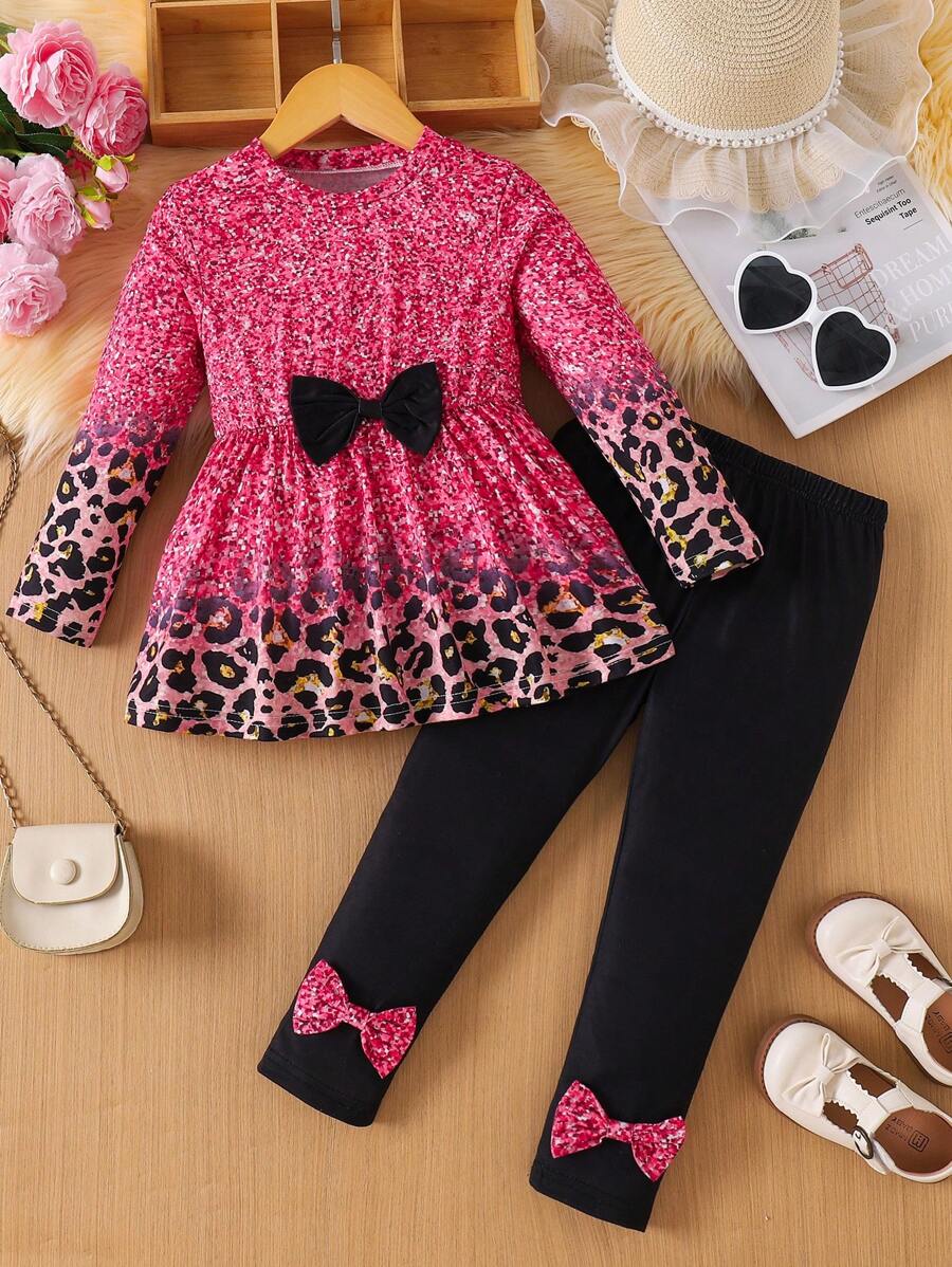 2 件装年轻女孩花卉豹纹休闲装，带蝴蝶结的长袖上衣和七分裤，秋季