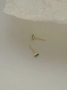1 par de pendientes de botón de esmeralda mini chapados en oro de 14 K de plata de ley 925 para mujer, pendientes de esmeralda y circonita cúbica simple y cute para uso diario