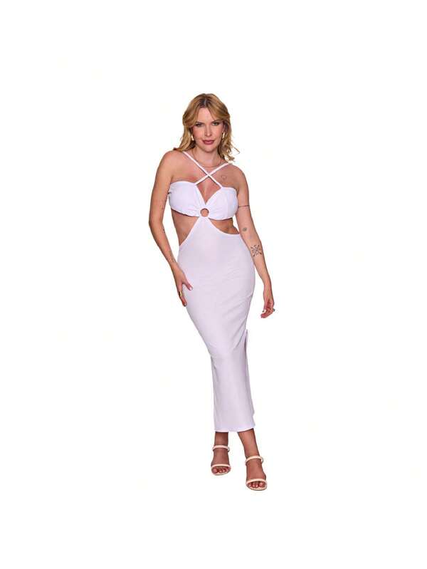 Vestido Midi Canelado Fenda Lateral Costas Nua