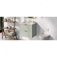 Modern 24-Inch Wall-Mounted Bathroom Vanity With 2 Drawers, Green - Ideal For Small Bathrooms,Victory Store