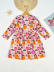 Robe décontractée à manches longues avec impression numérique de citrouille d'Halloween pour jeune fille