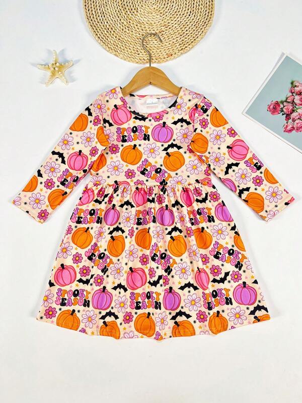 Robe décontractée à manches longues avec impression numérique de citrouille d'Halloween pour jeune fille