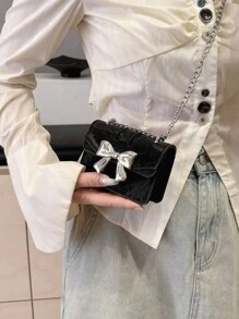 In 2024, The New Fashion Classic Mini Wild Solid Color Pu Waterproof Fabric Bow Metal Decorative Design Metal Chain Shoulder Bag Is Suitable For Shopping. - Black - View 1