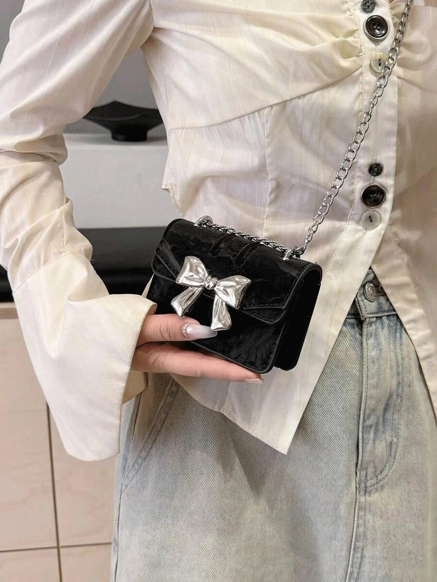 In 2024, The New Fashion Classic Mini Wild Solid Color Pu Waterproof Fabric Bow Metal Decorative Design Metal Chain Shoulder Bag Is Suitable For Shopping. - Black - View 1
