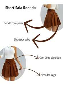 Short Saia Feminino Rodada Plissada Com Zíper Do Lado
