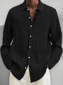 男士复古条纹休闲/商务 3D 数码印花加大码纽扣口袋长袖衬衫，秋季