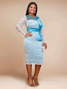 蕾丝圆领长袖蝴蝶结派对紧身连衣裙，鸡尾酒会半正式舞会礼服，适合生日、婚礼嘉宾、毕业典礼、晚宴、返校节 - 藍色 - 查看 4