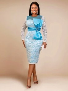 蕾丝圆领长袖蝴蝶结派对紧身连衣裙，鸡尾酒会半正式舞会礼服，适合生日、婚礼嘉宾、毕业典礼、晚宴、返校节 - 藍色 - 查看 6