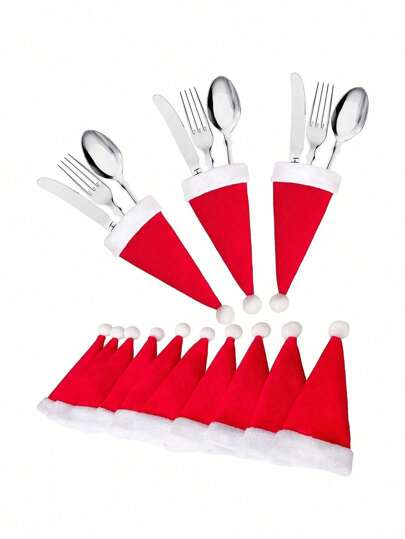 1/5/10 Pcs Christmas Cutlery Set, Including Cutlery Bags Shaped As Santa Claus Hats And Bottle Covers, Mini Plush Knife Covers, Christmas Decorations,Christmas