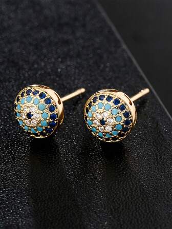 1 par de pendientes de aro con diseño de ojo malvado de zirconia microincrustad en cobre con vibra vintage, diseño elegante y de tendencia, apropiado para uso en fiestas/festivales de mujeres