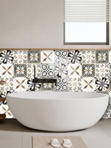 10 pièces Autocollant mural imitation carreau céramique imprimé de motif floral en PVC, papier peint autocollant en mosaïque DIY, décoration murale imperméable anti-saleté pour la cuisine, la salle de bain et le salon