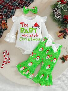 Baby Girl's Christmas Santa Claus Print Ruffle Sleeve Bodysuit & Bow Santa Allover Print Flared Pants Set With Headband - White - View 1