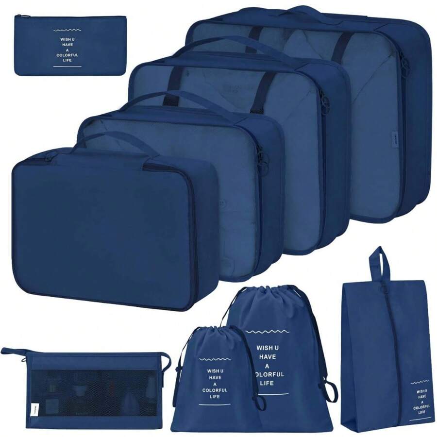 Packing Cubes For Suitcases,Packing Cubes With Shoe Bag, Cosmetics Bag, Clothing Bag, Accessories Bags Packing Cubes For Travel Luggage Organizer Women Men - 9件套裝 海軍藍 - 查看 1
