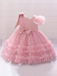女婴纯色网纱爱心图案蝴蝶结可爱生日蓬蓬公主裙，适合派对、节日、婚礼等场合，不含头饰 - 藕粉色 - 查看 3