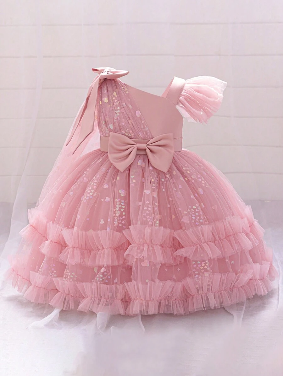 女婴纯色网纱爱心图案蝴蝶结可爱生日蓬蓬公主裙，适合派对、节日、婚礼等场合，不含头饰 - 藕粉色 - 查看 1