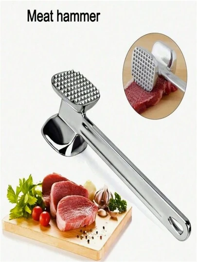 1 件银色铝合金双面嫩肉锤，用于烹饪和牛排准备，适用于厨房、户外野餐、旅行、露营等。