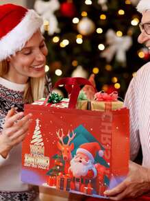 6/8 件圣诞礼品袋可重复使用无纺布袋手提包可折叠印刷和铝箔装饰，各种尺寸适用于圣诞节派对礼物、圣诞节 - 西瓜粉 - 查看 5