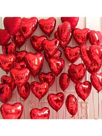 21pcs/Set Red Heart Shaped Foil Balloon And Ribbons, Suitable For Valentine's Day, Wedding, Bridal Shower, Party, Anniversary Decoration, Wedding Decor, Mother's Day Decoration