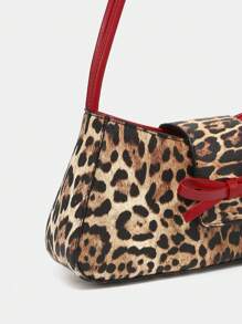 1pc Vintage Minimalist Ballet Style Bow Leopard Print Exposed Lining Yellow Polka Dot Angora Decor Shoulder Baguette Bag, Suitable For Dates, Outings, Parties, Valentine's Day - Multicolor - View 3