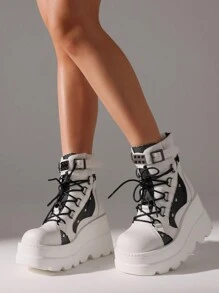 Stunning Goth Chic Platform Ankle Boots Chunky High Heel, Round Toe, Lace Up, Combat Style, Motorcycle Wedges For Women - 白色 - 查看 2