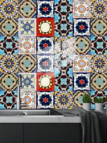 10 pièces Autocollant mural imitation carreau céramique imprimé de motif floral en PVC, papier peint autocollant en mosaïque DIY, décoration murale imperméable anti-saleté pour la cuisine, la salle de bain et le salon