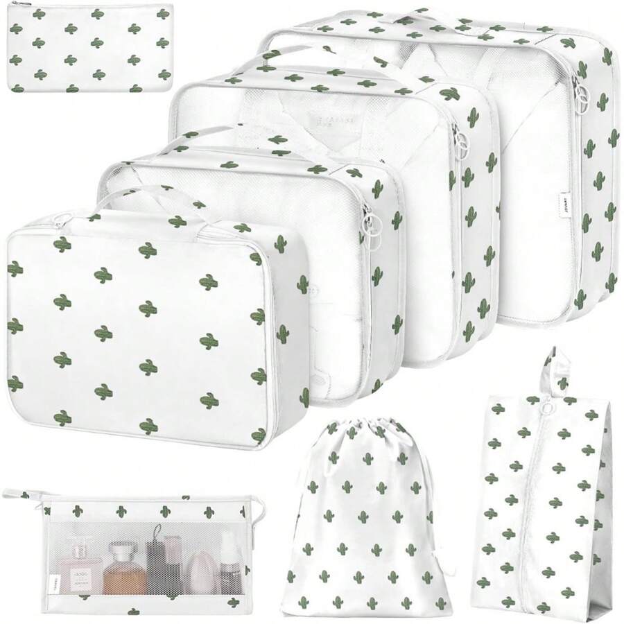 Packing Cubes For Suitcases,Packing Cubes With Shoe Bag, Cosmetics Bag, Clothing Bag, Accessories Bags Packing Cubes For Travel Luggage Organizer Women Men - 仙人掌8件套裝 - 查看 1