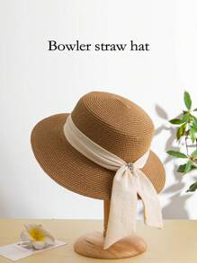 1 buc. Pălărie de soare în stil boho, elegantă, de culoare solidă, cu decorațiuni cu fundă, versatilă pentru femei