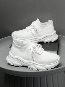 Women's Sports Knit Breathable Lightweight Thick Sole Casual Sneakers, Fashion Classic Daily Versatile Slip-On Outdoor Comfortable Running Shoes - White - View 4