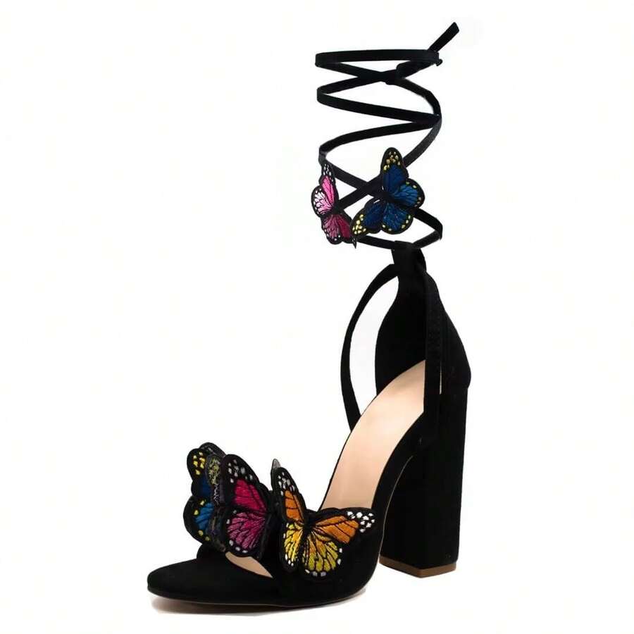 Women's Strappy Chunky Heels Sandals 3 Inch Butterfly Lace Up Ankle Wrap Heel Wedding Bridal Heeled Sandals Shoes - màu đen - Xem 1