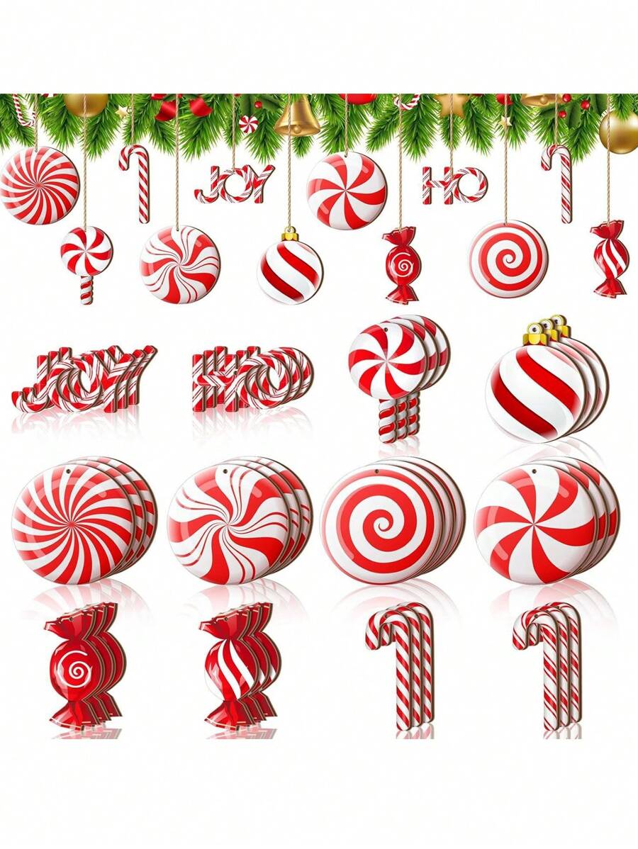 12 件圣诞木制挂饰，逼真的糖果圣诞树装饰，糖果派对圣诞树吊坠，节日派对家居装饰，圣诞节 - 彩色 - 查看 1