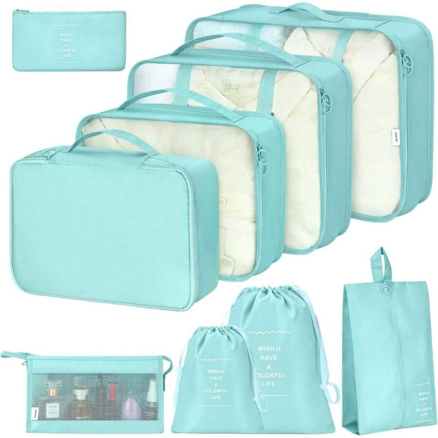 Packing Cubes For Suitcases,Packing Cubes With Shoe Bag, Cosmetics Bag, Clothing Bag, Accessories Bags Packing Cubes For Travel Luggage Organizer Women Men - 9件套 藍綠 - 查看 1