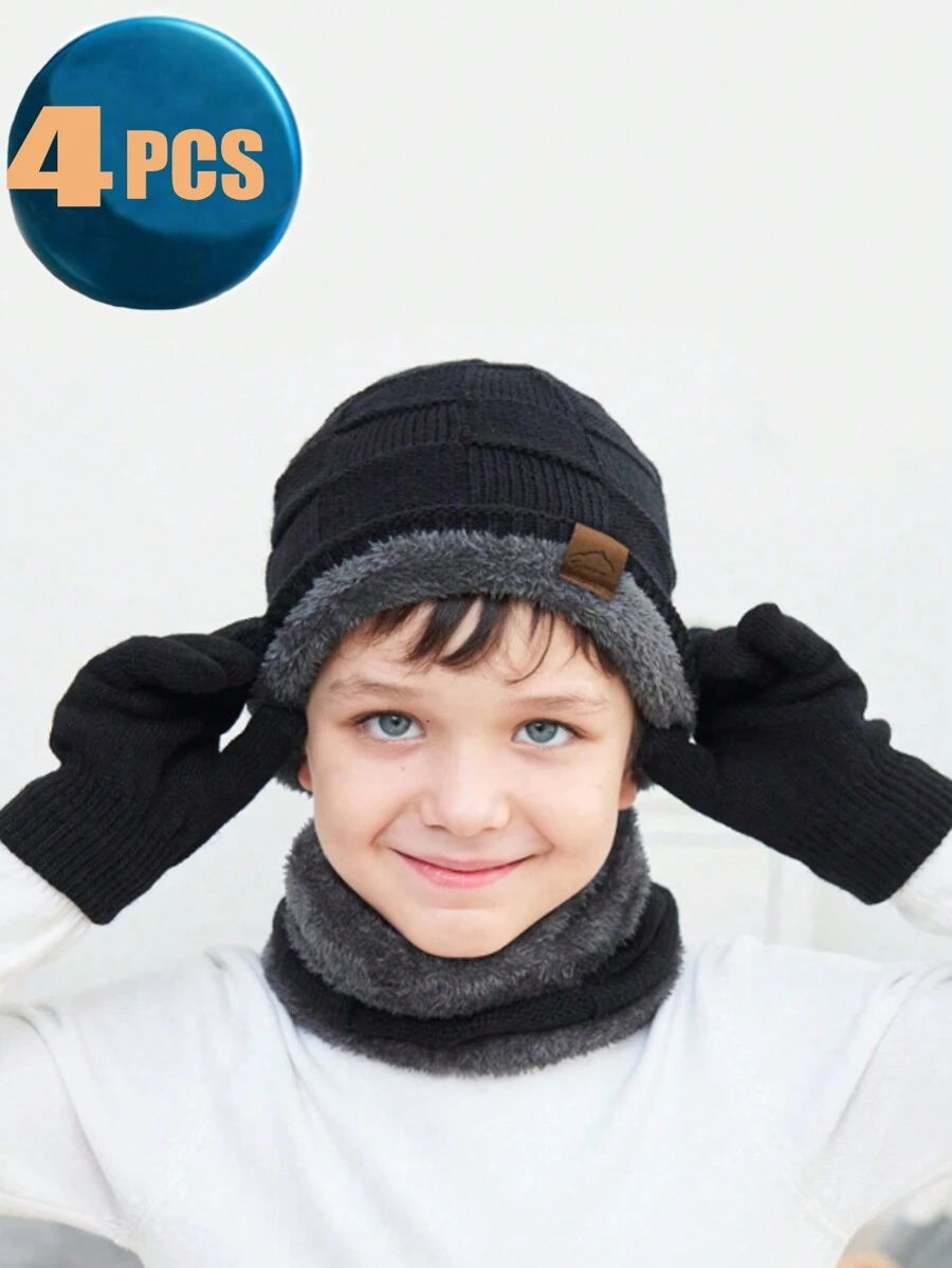 Bộ 4 mũ len và khăn quàng cổ mùa đông cho trẻ em, mũ len ấm áp và khăn quàng cổ cho trẻ em từ 3-12 tuổi, màu đen