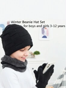 Bộ 4 mũ len và khăn quàng cổ mùa đông cho trẻ em, mũ len ấm áp và khăn quàng cổ cho trẻ em từ 3-12 tuổi, màu đen - màu đen - Xem 3
