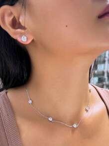 1 对 925 纯银圆形 5A 闪亮方晶锆石颈链项链和耳环套装，适合女士、婚礼/派对/订婚日常配饰 - 白色 - 查看 7