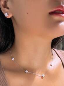 1 对 925 纯银圆形 5A 闪亮方晶锆石颈链项链和耳环套装，适合女士、婚礼/派对/订婚日常配饰 - 白色 - 查看 8