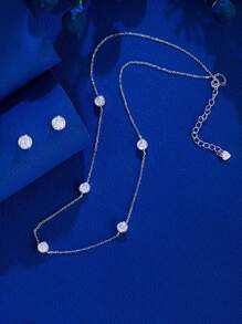 1 对 925 纯银圆形 5A 闪亮方晶锆石颈链项链和耳环套装，适合女士、婚礼/派对/订婚日常配饰 - 白色 - 查看 5