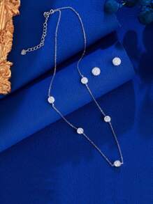 1 对 925 纯银圆形 5A 闪亮方晶锆石颈链项链和耳环套装，适合女士、婚礼/派对/订婚日常配饰 - 白色 - 查看 4