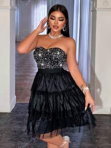 CHOSMO黑色婚纱，万圣节黑色无肩带修身亮片拼接露背高腰网纱A字迷你连衣裙，返校正式场合礼服，女士派对礼服，优雅鸡尾酒礼服 - 黑色 - 查看 7