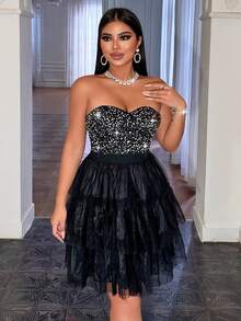 CHOSMO黑色婚纱，万圣节黑色无肩带修身亮片拼接露背高腰网纱A字迷你连衣裙，返校正式场合礼服，女士派对礼服，优雅鸡尾酒礼服 - 黑色 - 查看 6