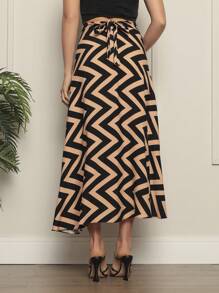 Women's Printed Wrap Skirt With ZiG ZaG Lined Wrap Skirt - 駝色 - 查看 5