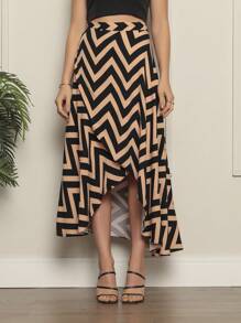 Women's Printed Wrap Skirt With ZiG ZaG Lined Wrap Skirt - 駝色 - 查看 1