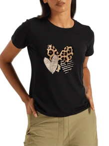 Cotton T-Shirt Heart Printed Women's Shirt Cotton Men's Blouse - 黑色 - 查看 1