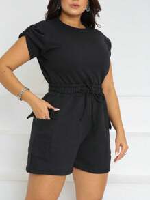 Pearl Set Cargo Shorts With High Waistband With Blouse Offers Two Styles. Detail On The Sleeve And The Knot At The Front Add A Sophisticated And Different Touch To Your Set. - màu đen - Xem 5