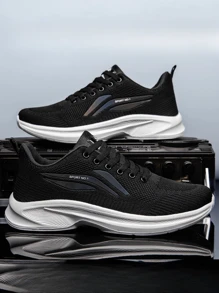 Men Lace-Up Breathable Knit Round Toe Thick Sole Fashionable Comfortable Casual Mesh Sneakers, Black
