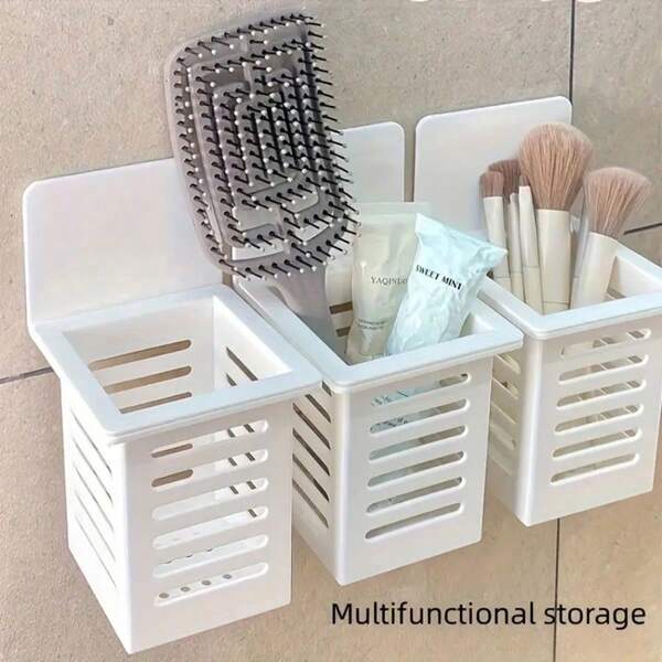 1 pieza Organizador de almacenamiento de baño de plástico, cesta de dormitorio montada en la pared sin taladrar, soporte multifuncional para cepillo de dientes, pasta de dientes, peine y organizador de brochas de maquillaje