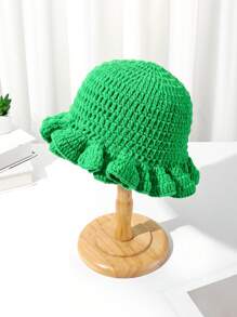 1pc New Green Bohemian Hollow Pleated Handmade Crochet Bucket Hat, Suitable For Holidays And Daily Outfit