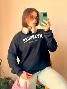 Brooklyn Sweatshirt Round Neck Unisex Basic Cold Weather Blouse Crew Neck Women's Men's Flannel Cotton Coat 7037 - màu đen - Xem 4