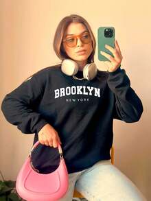 Brooklyn Sweatshirt Round Neck Unisex Basic Cold Weather Blouse Crew Neck Women's Men's Flannel Cotton Coat 7037 - màu đen - Xem 3